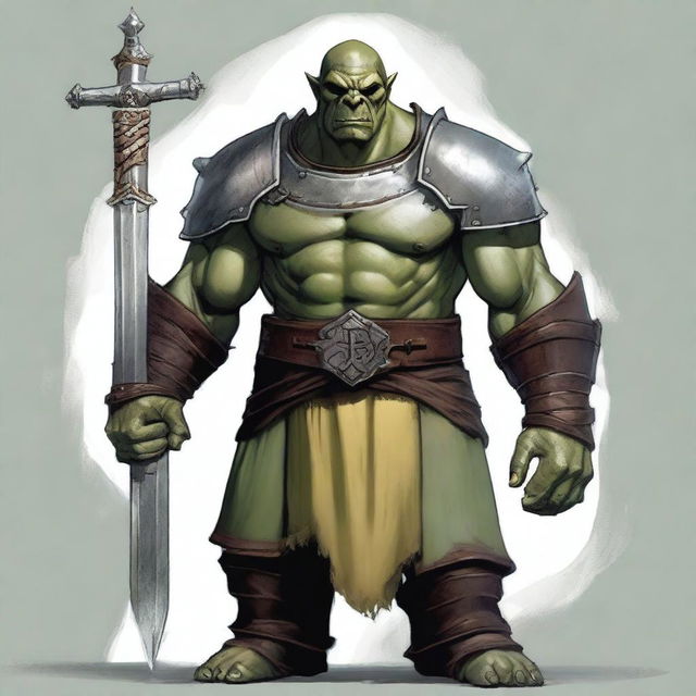 A tall male orc paladin, aged 46, standing at 193 cm