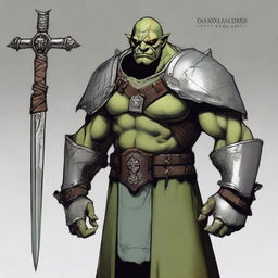 A tall male orc paladin, aged 46, standing at 193 cm