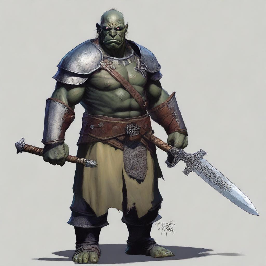 A tall, sophisticated male orc paladin, aged 46, standing at 193 cm