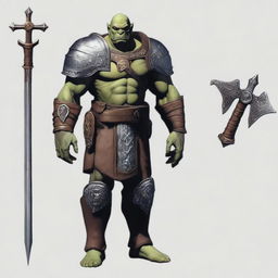 A tall, sophisticated male orc paladin, aged 46, standing at 193 cm