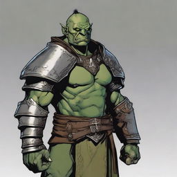 A tall, sophisticated male orc paladin, aged 46, standing at 193 cm