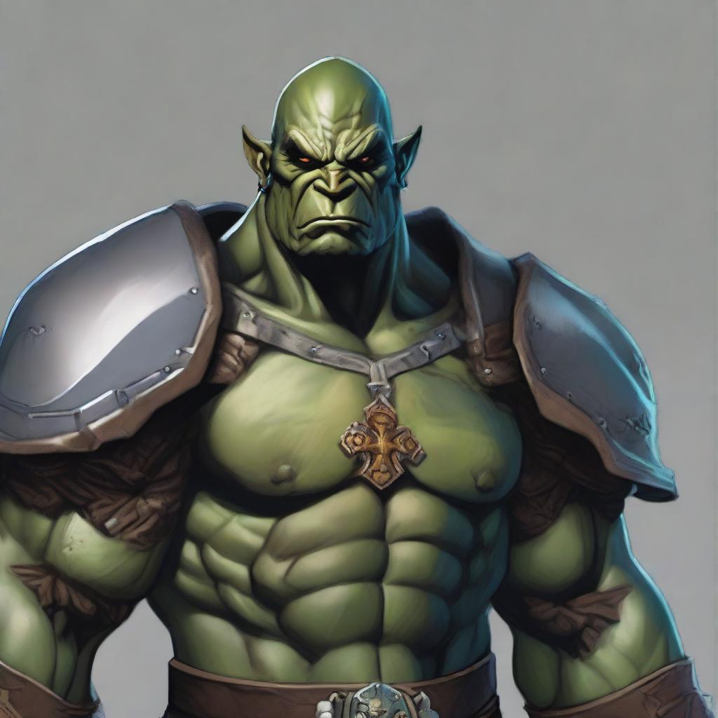 A tall, sophisticated male orc paladin, aged 46, standing at 193 cm