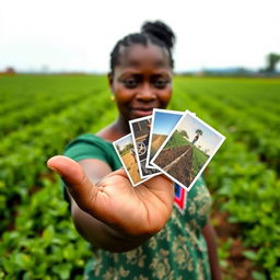 A dark-skinned lady with a green sleeve holds out her hand, which is slightly chubby