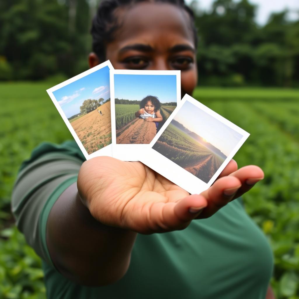 A dark-skinned lady with a green sleeve holds out her hand, which is slightly chubby