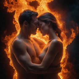 A man and woman in an intimate embrace, with a bright, intense flame erupting between them. Their forms transition from icy figures to regular human skin, symbolizing warmth and thawing. Surrounding them is a cosmic spectacle representing universal love.