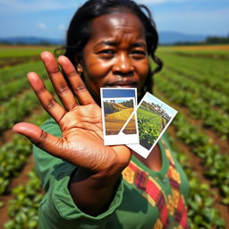 A dark-skinned lady with a green sleeve holds out her hand, which is slightly chubby