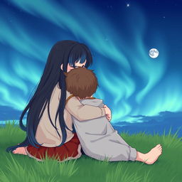 A girl with long black hair with blue highlights hugging a boy with short brown hair, both sitting on the grass looking at the sky with the northern lights and the moon to the right