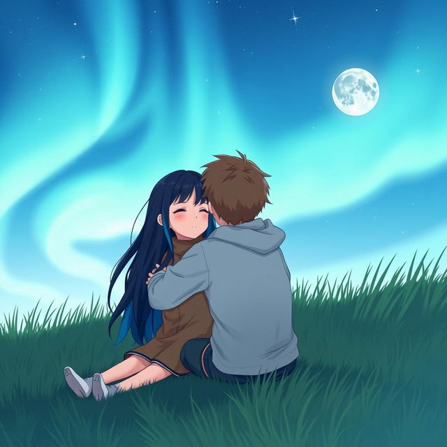 A girl with long black hair with blue highlights hugging a boy with short brown hair, both sitting on the grass looking at the sky with the northern lights and the moon to the right