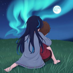 A girl with long black hair with blue highlights hugging a boy with short brown hair, both sitting on the grass looking at the sky with the northern lights and the moon to the right