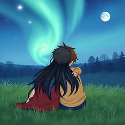 A girl with long black hair with blue highlights hugging a boy with short brown hair, both sitting on the grass looking at the sky with the northern lights and the moon to the right