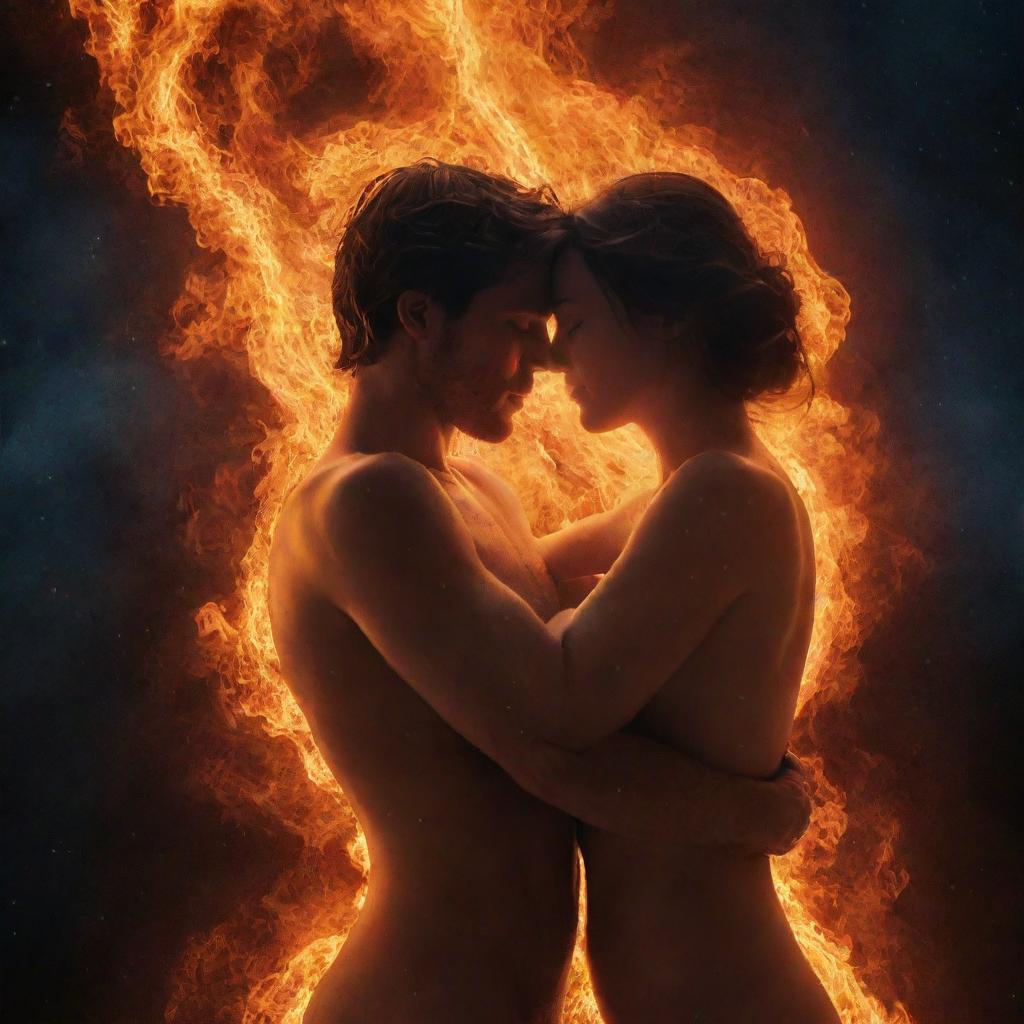 A man and woman in an intimate embrace, with a bright, intense flame erupting between them. Their forms transition from icy figures to regular human skin, symbolizing warmth and thawing. Surrounding them is a cosmic spectacle representing universal love.