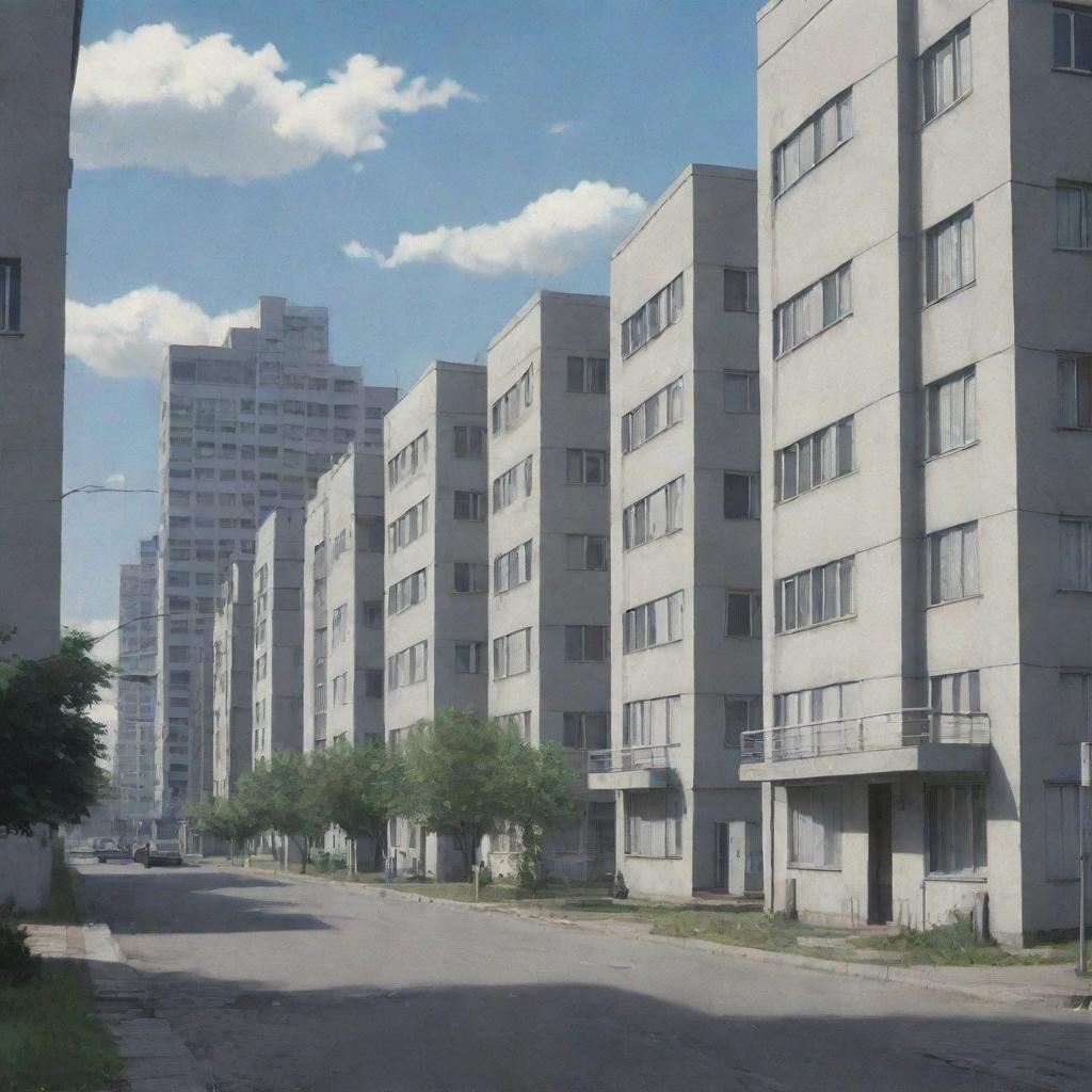 A Soviet-era neighborhood featuring grey residential buildings, illustrated in vivid anime style, with special focus on the entrance.