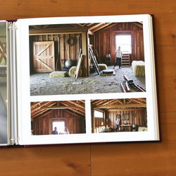 An album containing three photos, all set inside a rustic barn