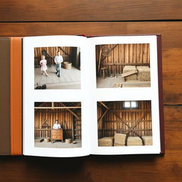 An album containing three photos, all set inside a rustic barn