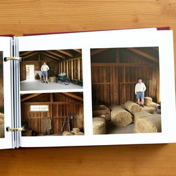 An album containing three photos, all set inside a rustic barn