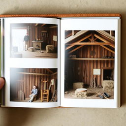 An album containing three photos, all set inside a rustic barn