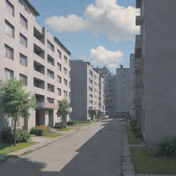 A Soviet-era neighborhood featuring grey residential buildings, illustrated in vivid anime style, with special focus on the entrance.