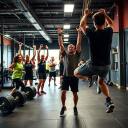 A dynamic and energetic scene of people engaging in a CrossFit workout