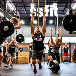 A dynamic and energetic scene of people engaging in a CrossFit workout