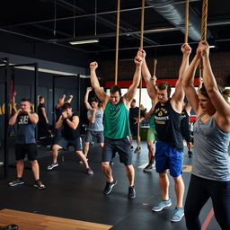 A dynamic and energetic scene of people engaging in a CrossFit workout