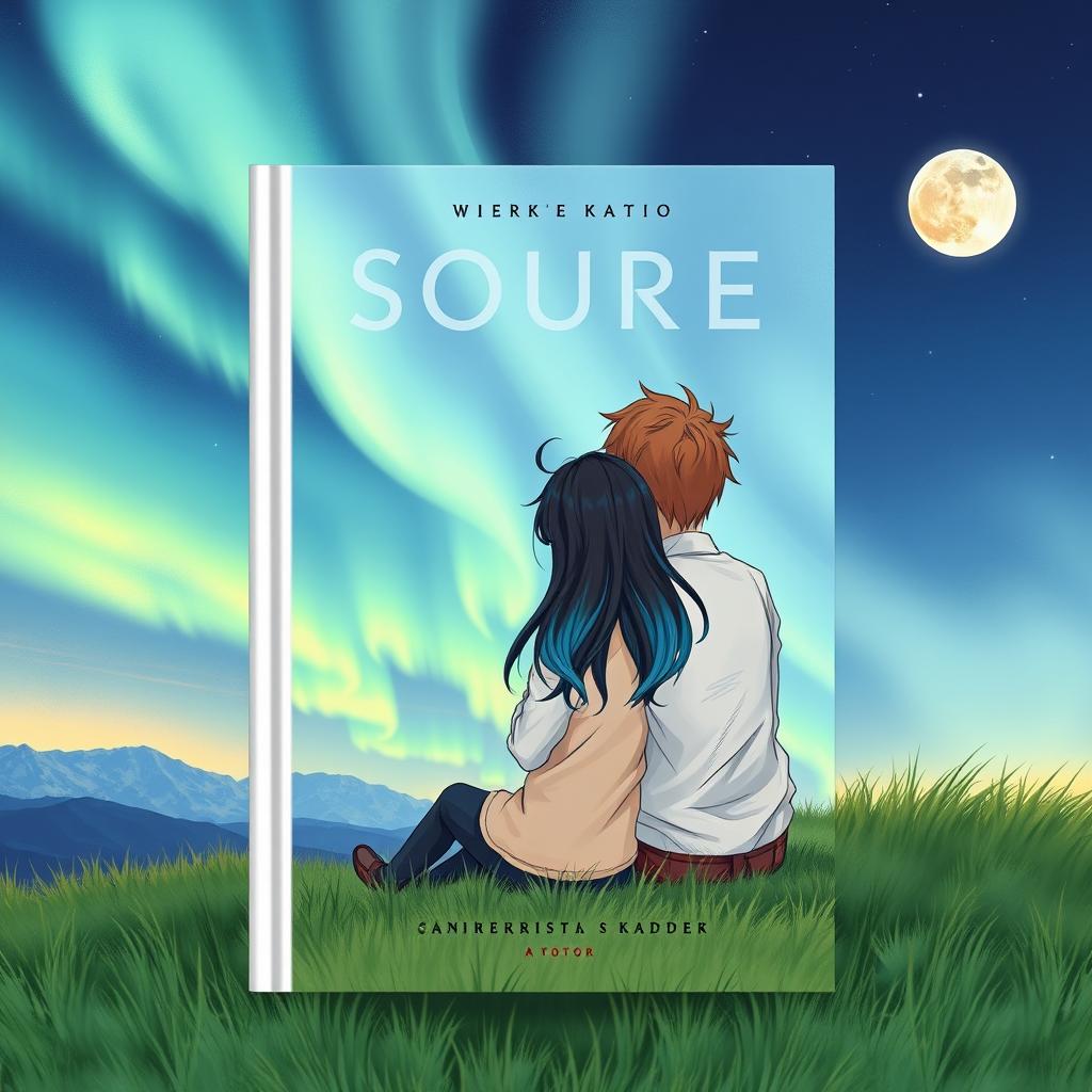 A girl with long black hair with blue highlights hugging a boy with short brown hair, both sitting on the grass looking at the sky with the northern lights and the moon to the right