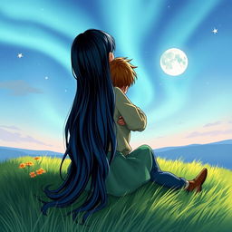 A girl with long black hair with blue highlights hugging a boy with short brown hair, both sitting on the grass looking at the sky with the northern lights and the moon to the right