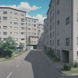 A Soviet-era neighborhood featuring grey residential buildings, illustrated in vivid anime style, with special focus on the entrance.