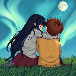 A girl with long black hair with blue highlights hugging a boy with short brown hair, both sitting on the grass looking at the sky with the northern lights and the moon to the right