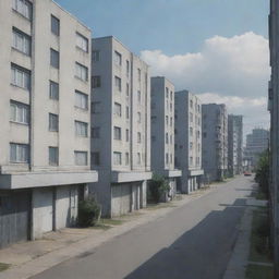 A Soviet-era neighborhood featuring grey residential buildings, illustrated in vivid anime style, with special focus on the entrance.