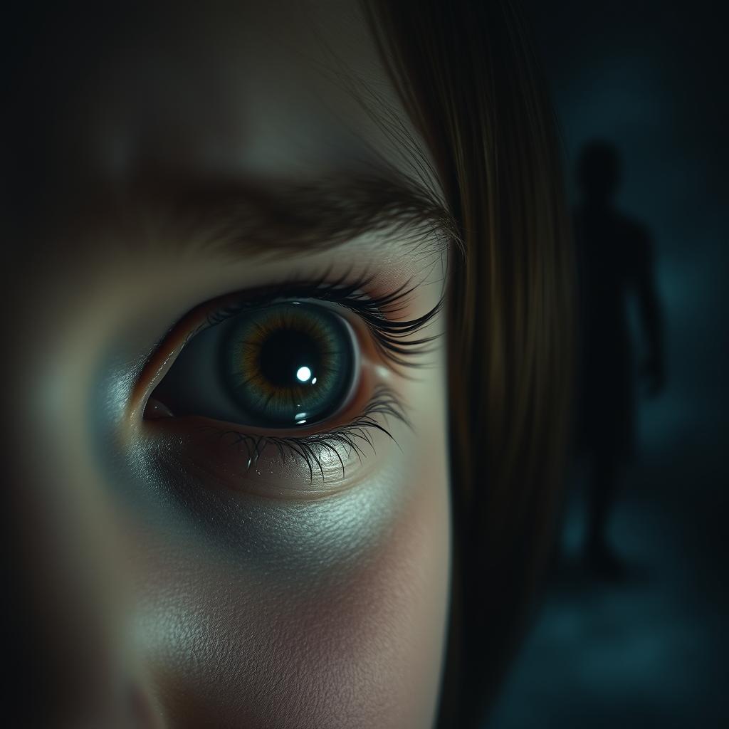 A close-up of a girl's eye showing fear as a shadowy figure approaches in the background