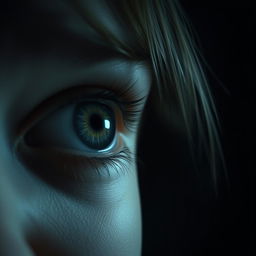 A close-up of a girl's eye showing fear as a shadowy figure approaches in the background