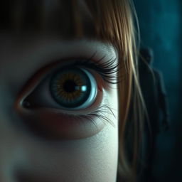 A close-up of a girl's eye showing fear as a shadowy figure approaches in the background