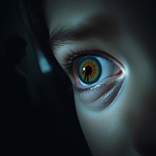 A close-up of a girl's eye showing fear as a shadowy figure approaches in the background