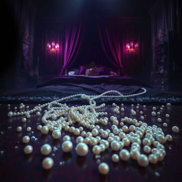 Create a book cover featuring jewels such as pearls scattered and broken on the floor