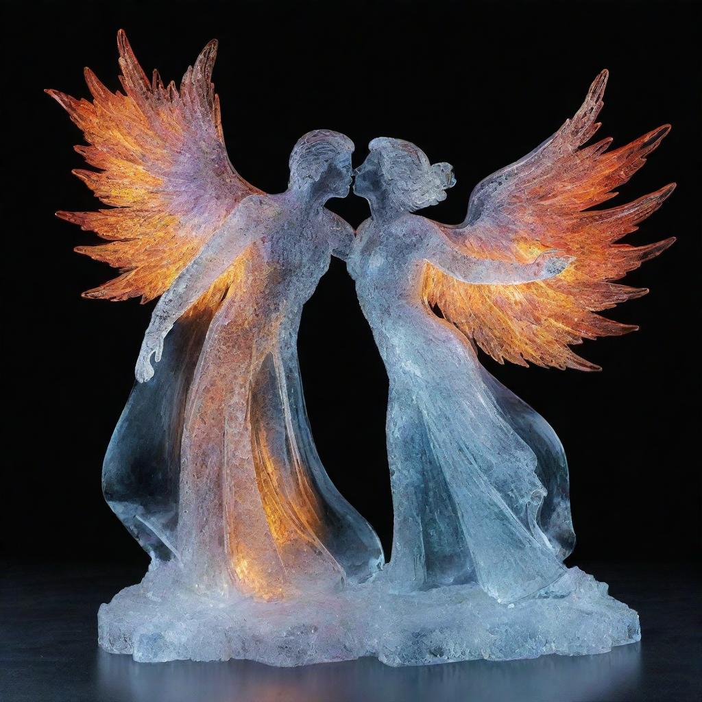 Transforming the man and woman into translucent ice figures, their passionate embrace ignites a flame. This blaze mingles with cosmic colors and light radiating from their hearts, crafting an awe-inspiring spectacle of fire, ice, and cosmic energy.