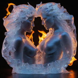 Transforming the man and woman into translucent ice figures, their passionate embrace ignites a flame. This blaze mingles with cosmic colors and light radiating from their hearts, crafting an awe-inspiring spectacle of fire, ice, and cosmic energy.