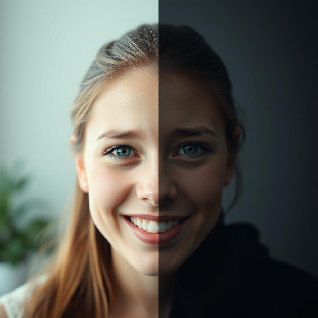 A young woman's face split into two halves