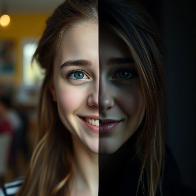 A young woman's face split into two halves