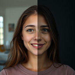 A young woman's face split into two halves