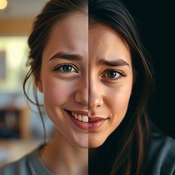 A young woman's face split into two halves