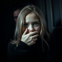 A very beautiful girl is hiding and holding her mouth with her hand