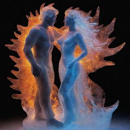 Transforming the man and woman into translucent ice figures, their passionate embrace ignites a flame. This blaze mingles with cosmic colors and light radiating from their hearts, crafting an awe-inspiring spectacle of fire, ice, and cosmic energy.