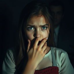 A very beautiful girl is hiding and holding her mouth with her hand