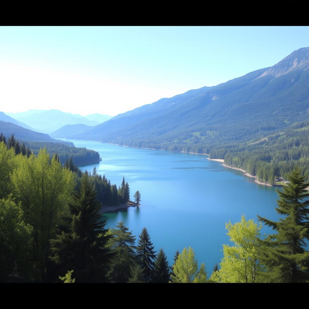 A beautiful landscape featuring a serene lake surrounded by lush green trees, with mountains in the background and a clear blue sky