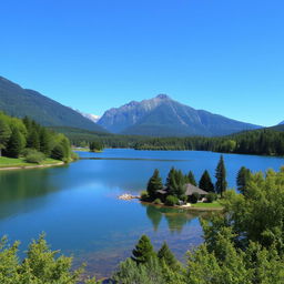 A beautiful landscape featuring a serene lake surrounded by lush green trees, with mountains in the background and a clear blue sky