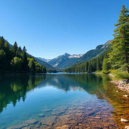 A beautiful landscape featuring a serene lake surrounded by lush green trees, with mountains in the background and a clear blue sky