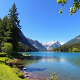 A beautiful landscape featuring a serene lake surrounded by lush green trees, with mountains in the background and a clear blue sky