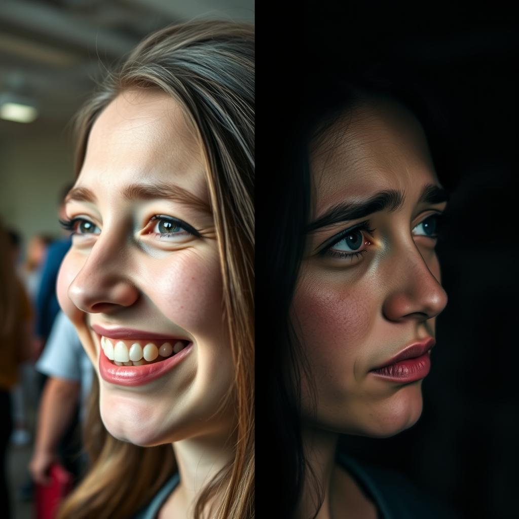 A young woman's face split into two halves