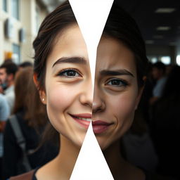 A young woman's face split into two halves