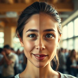 A young woman's face split into two halves